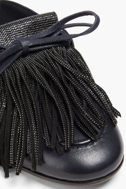 Brunello Cucinelli Bead-Embellished Fringed Leather Slippers Black Women's