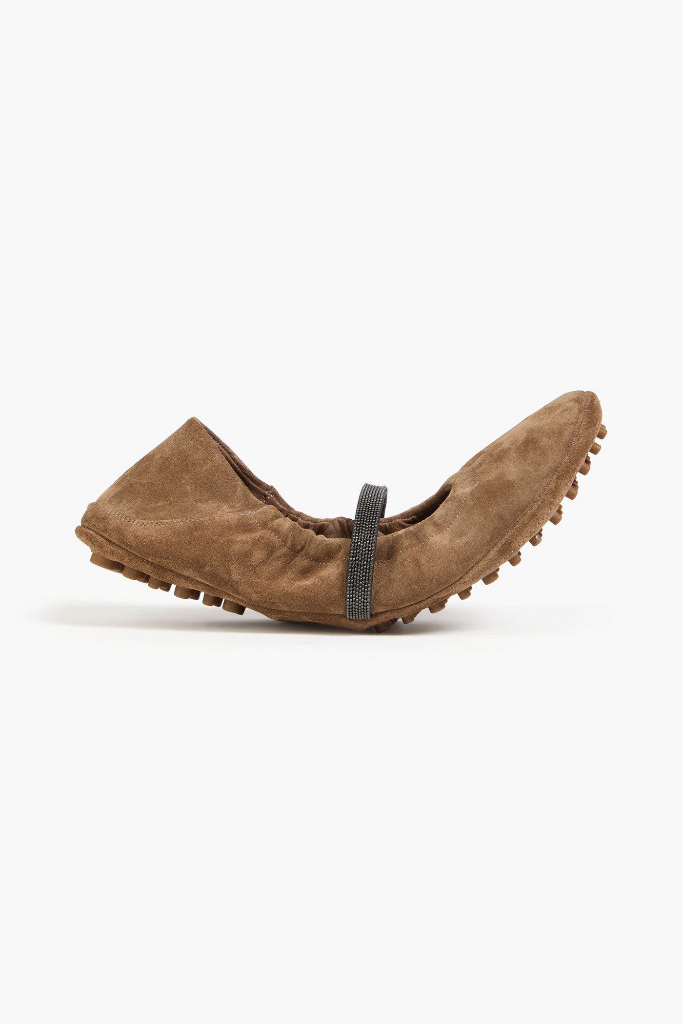 Brunello Cucinelli Bead-Embellished Suede Mary Jane Flats Light Brown Women's
