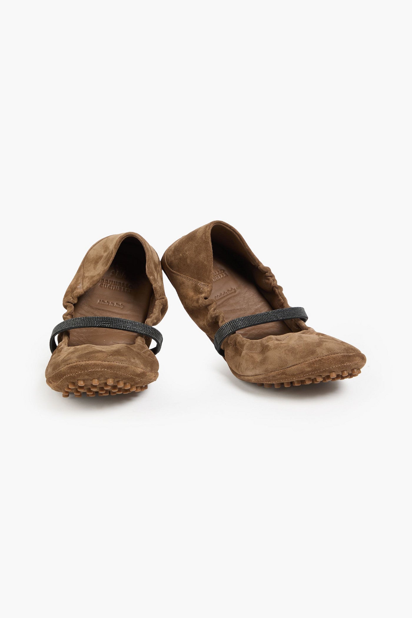 Brunello Cucinelli Bead-Embellished Suede Mary Jane Flats Light Brown Women's
