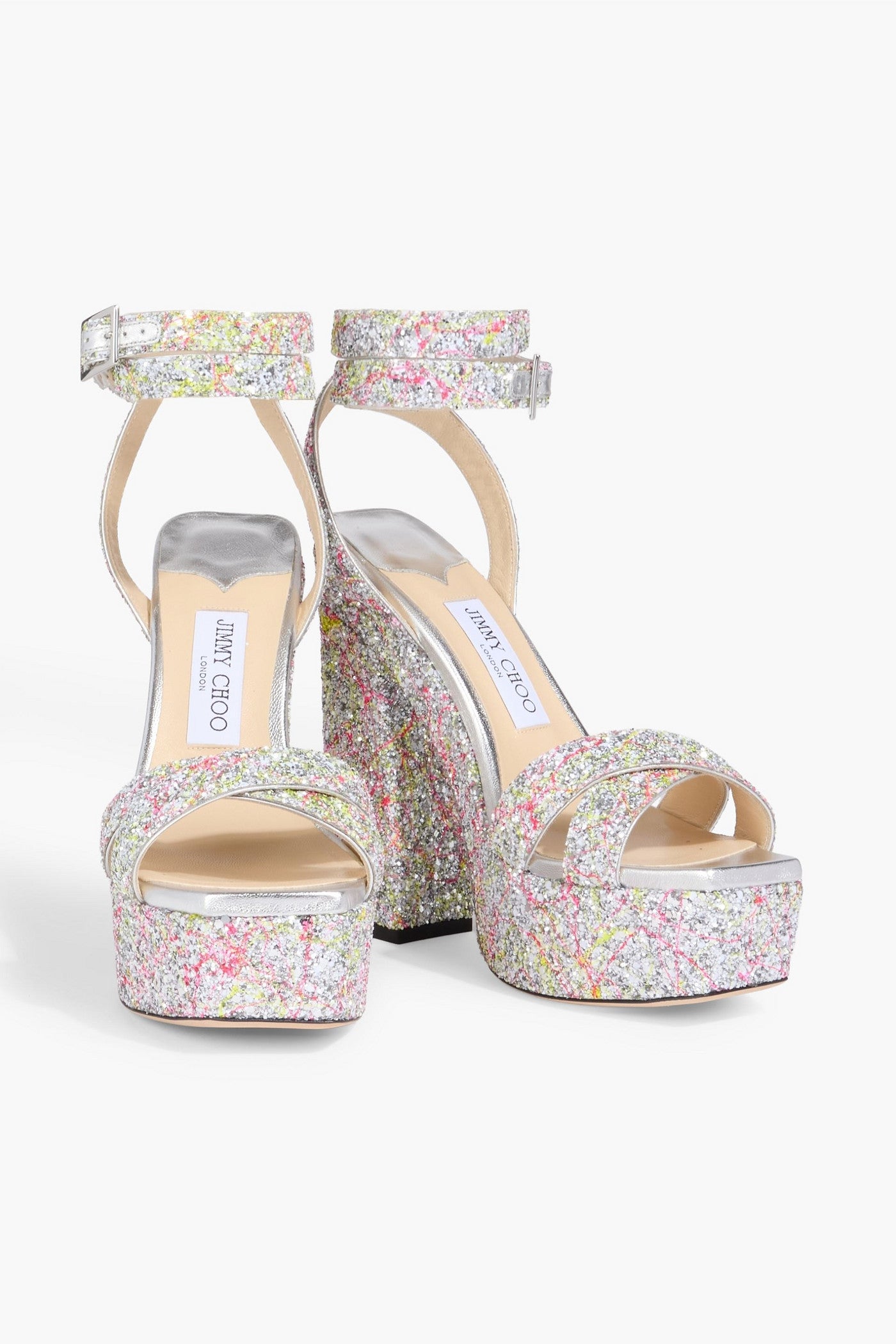 Jimmy Choo Gaia Glittered Metallic Leather Platform Sandals Silver Women's