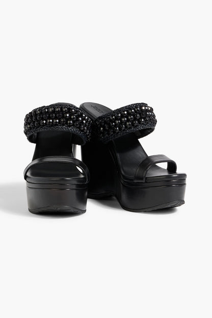 Jimmy Choo Amoure 130 Bead-Embellished Raffia And Leather Wedge Sandals Black Women's