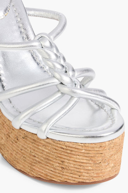 Jimmy Choo Clare 130 Braided Metallic Leather Platform Sandals Silver Women's