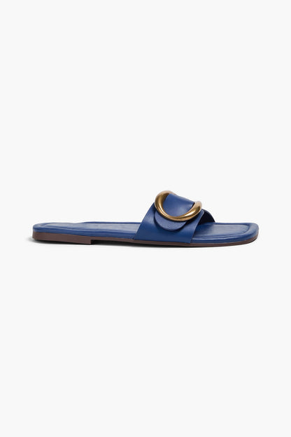 Farm Rio Buckled Leather Slides Navy Women's