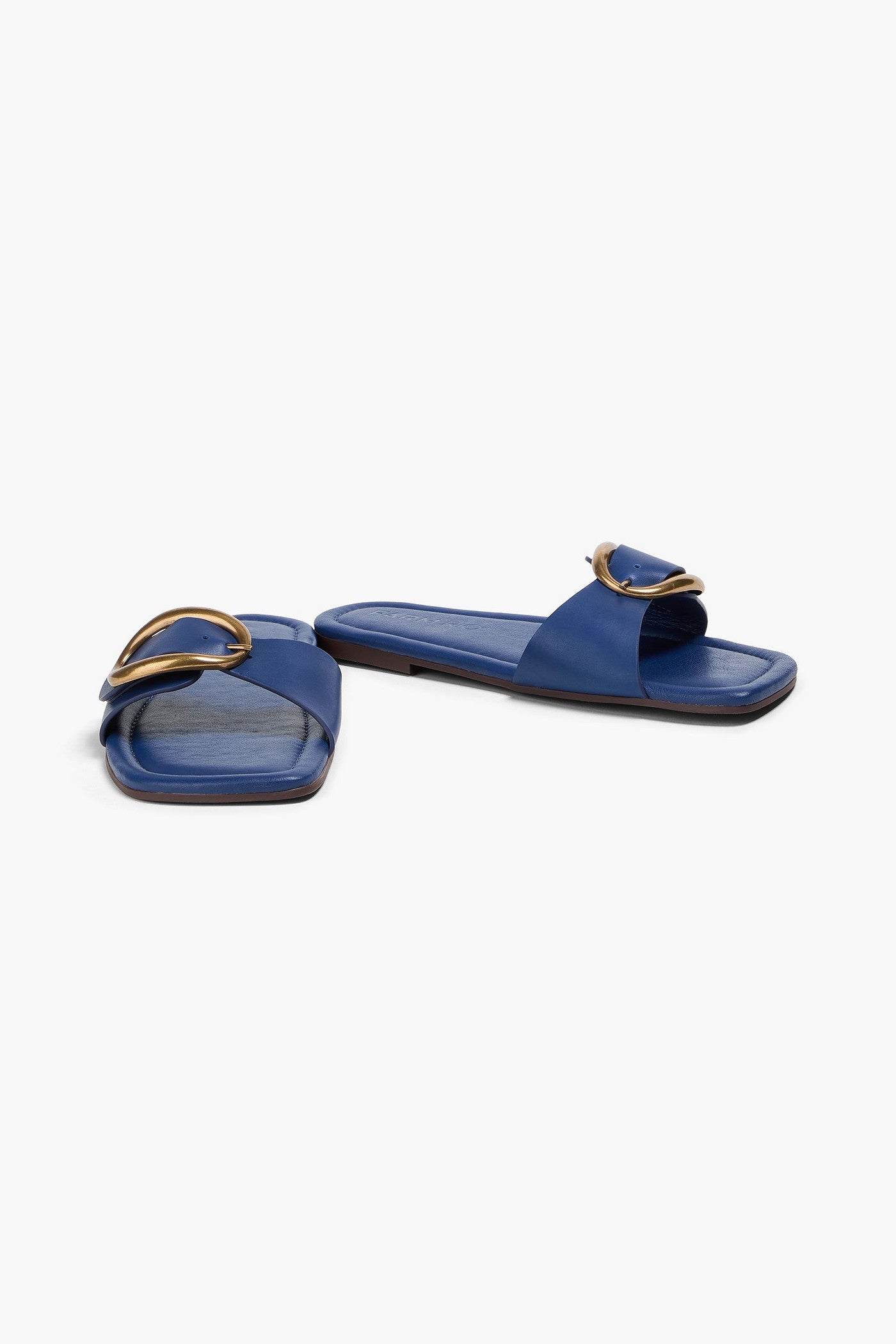 Farm Rio Buckled Leather Slides Navy Women's