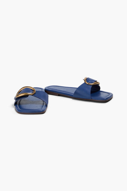 Farm Rio Buckled Leather Slides Navy Women's