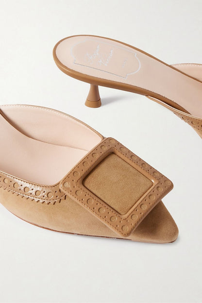 Roger Vivier Viv In The City 45 Buckled Perforated Leather-Trimmed Suede Mules Sand Women's