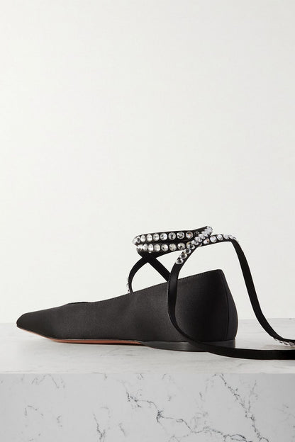 Amina Muaddi Ane Crystal-Embellished Satin Ballet Flats Black Women's