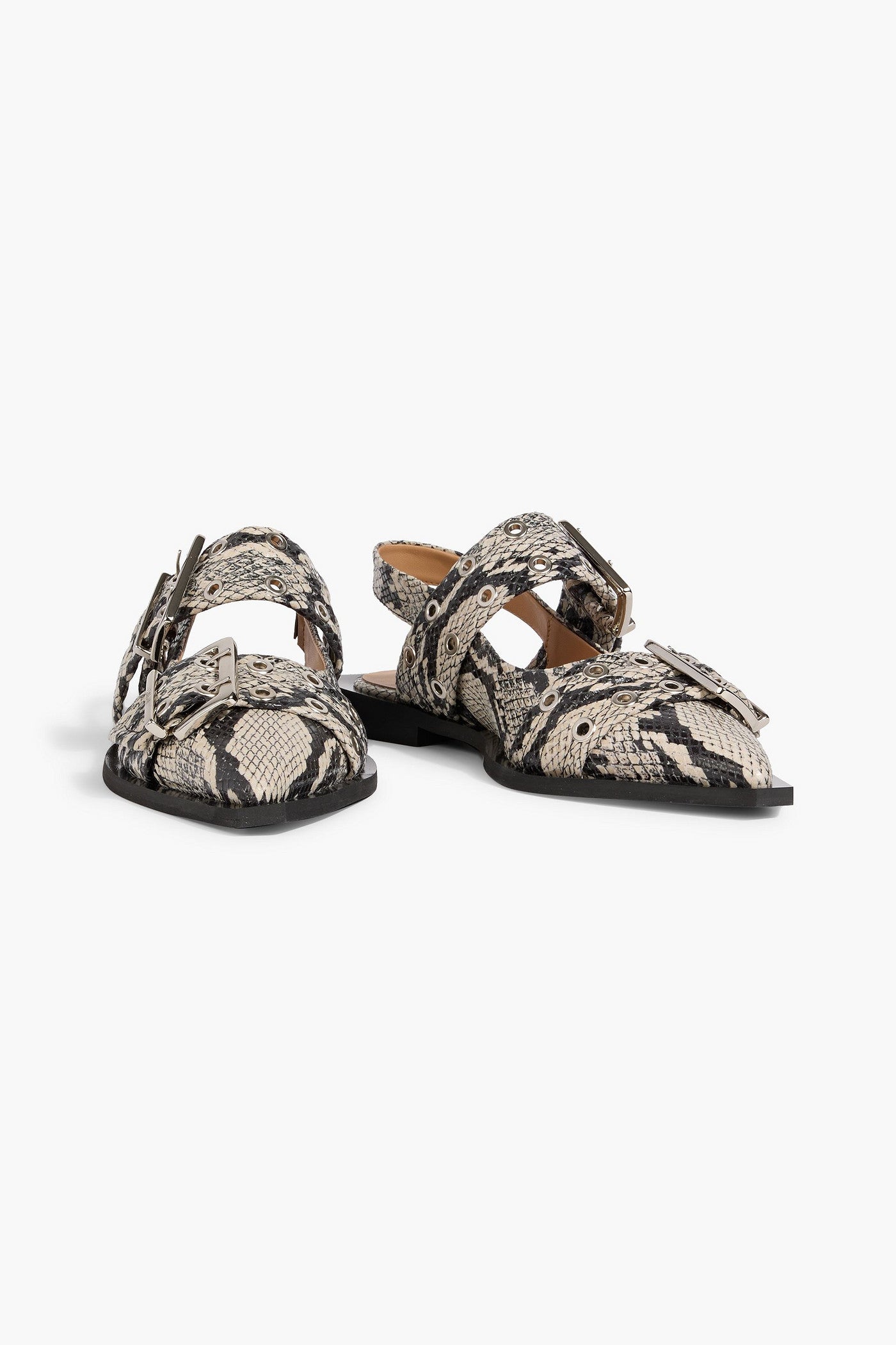 Ganni Buckled Snake-Effect Slingback Point-Toe Flats Animal Print Women's