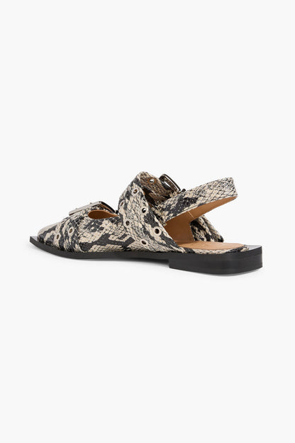 Ganni Buckled Snake-Effect Slingback Point-Toe Flats Animal Print Women's