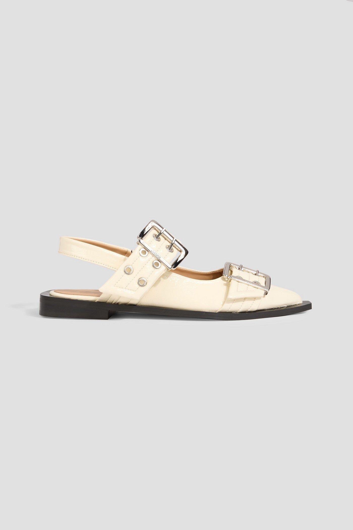 Ganni Buckled Glossed Slingback Point-Toe Flats Cream Women's