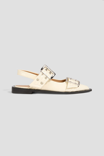 Ganni Buckled Glossed Slingback Point-Toe Flats Cream Women's