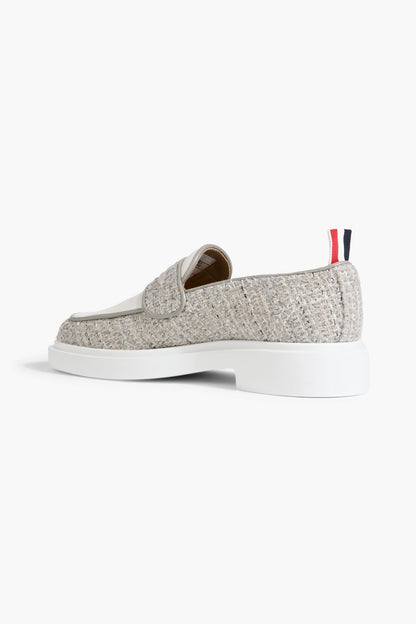 Thom Browne Tweed And Leather Loafers Light Gray Women's