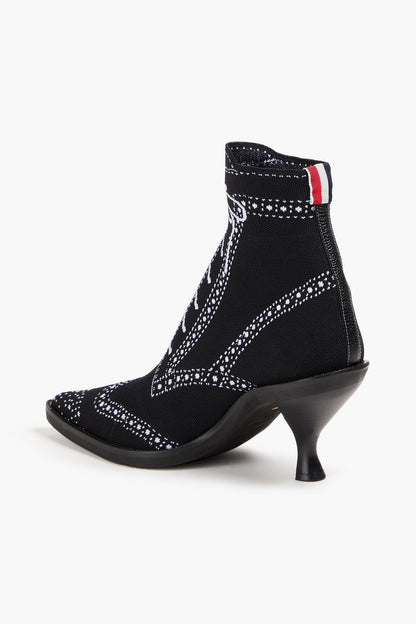 Thom Browne Leather-Trimmed Printed Knitted Sock Boots Black Women's