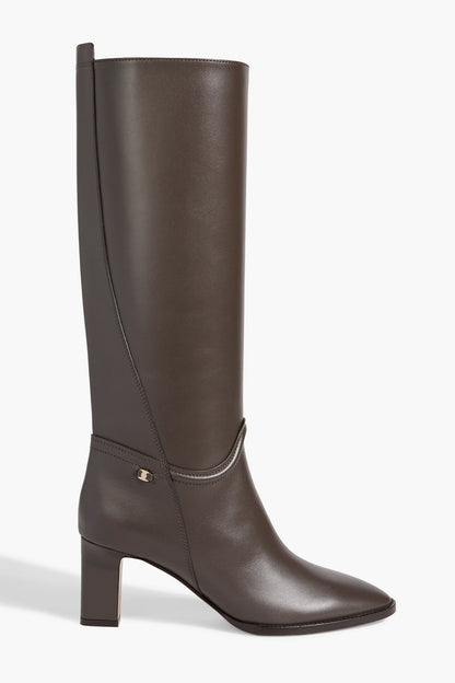 Ferragamo Torris Embellished Leather Knee Boots Dark Brown Women's