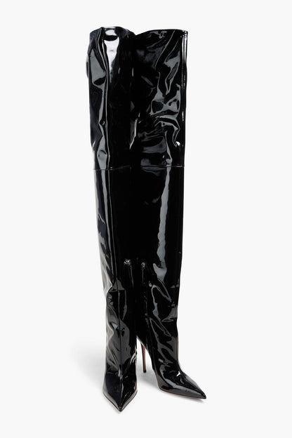 Amina Muaddi Debora Patent-Leather Thigh Boots Black Women's