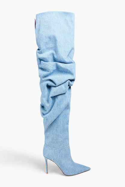 Amina Muaddi Jahleel Denim Thigh Boots Light Denim Women's