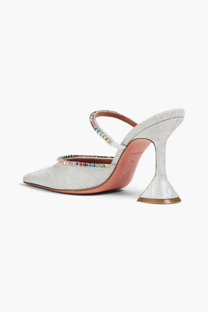 Amina Muaddi Gilda Crystal-Embellished Glittered Leather Mules Silver Women's