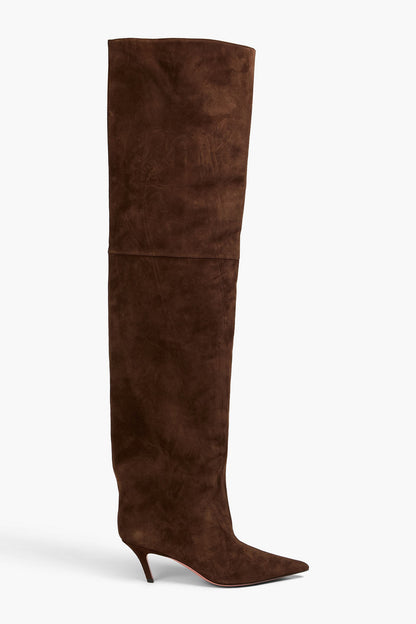 Amina Muaddi Fiona Suede Thigh Boots Chocolate Women's