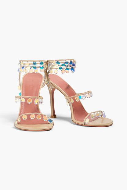 Amina Muaddi Tina 105 Crystal-Embellished Leather Sandals Beige Women's