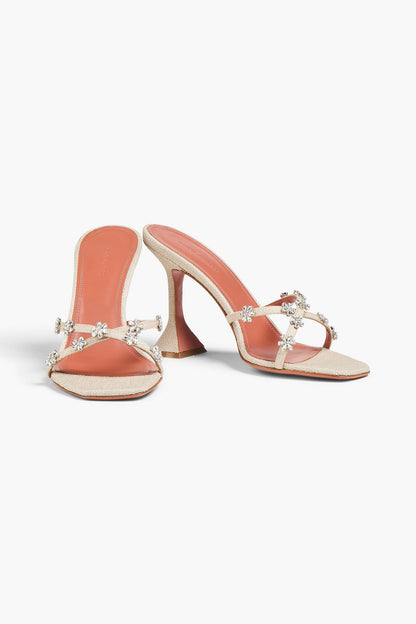 Amina Muaddi Lily Crystal-Embellished Canvas Mules Beige Women's