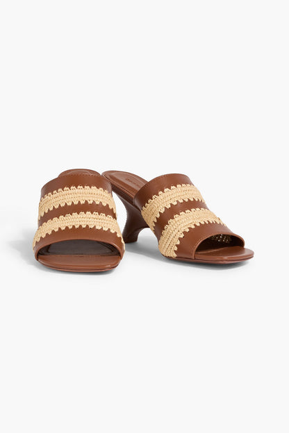 Simkhai Shadow Leather And Raffia Wedge Mules Light Brown Women's