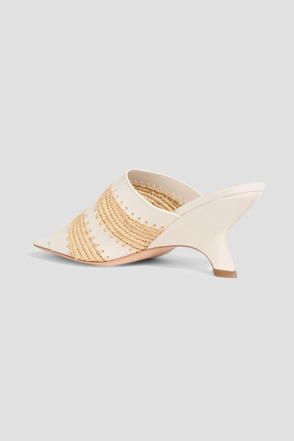 Simkhai Shadow Leather And Raffia Wedge Mules Off-White Women's