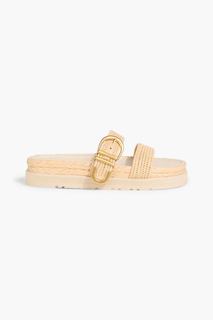 Simkhai Aida Buckled Raffia Platform Slides Beige Women's