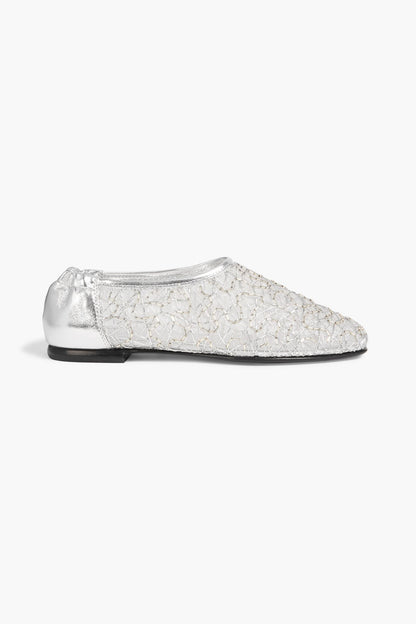 Simkhai Eden Embellished Metallic Leather And Mesh Ballet Flats Silver Women's