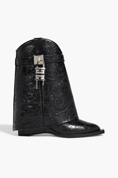 Givenchy Shark Lock Embossed Leather Cowboy Boots Black Women's