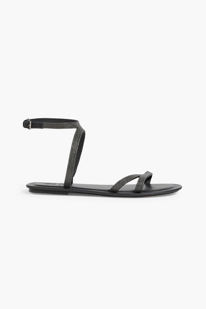 Brunello Cucinelli Bead-Embellished Leather Sandals Black Women's