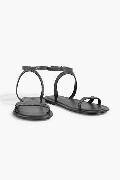 Brunello Cucinelli Bead-Embellished Leather Sandals Black Women's