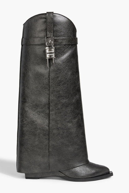 Givenchy Shark Lock Textured-Leather Knee Boots Black Women's