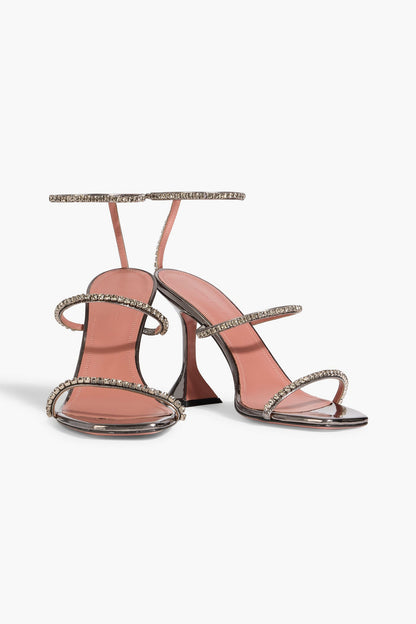 Amina Muaddi Gilda Crystal-Embellished Mirrored-Leather Sandals Gunmetal Women's