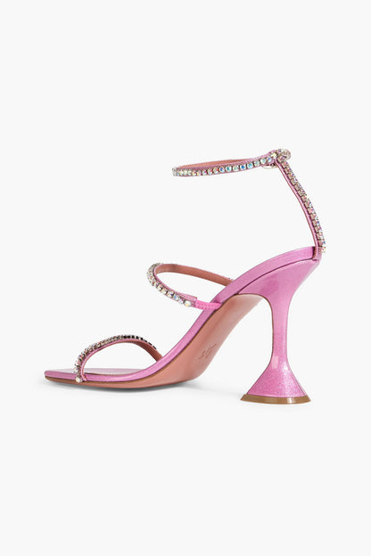 Amina Muaddi Gilda Crystal-Embellished Glittered Leather Sandals Pink Women's