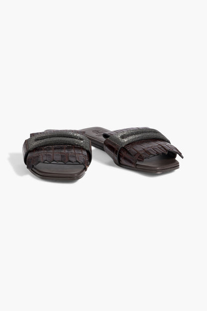 Brunello Cucinelli Bead-Embellished Fringed Croc-Effect Leather Slides Dark Brown Women's