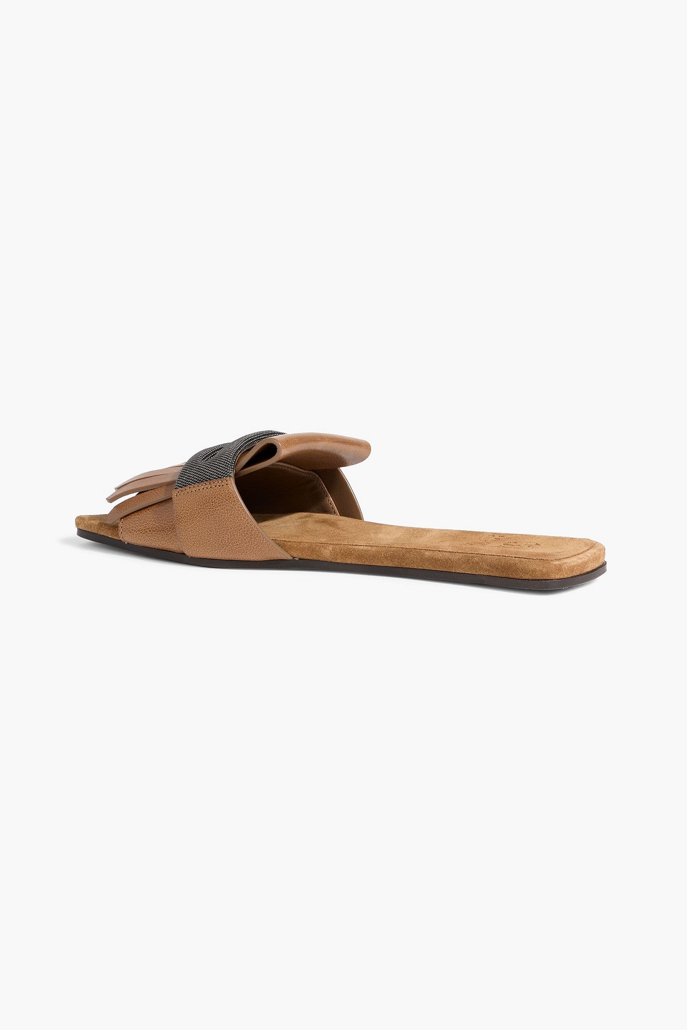 Brunello Cucinelli Bead-Embellished Fringed Leather Slides Camel Women's