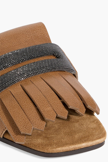 Brunello Cucinelli Bead-Embellished Fringed Leather Slides Camel Women's