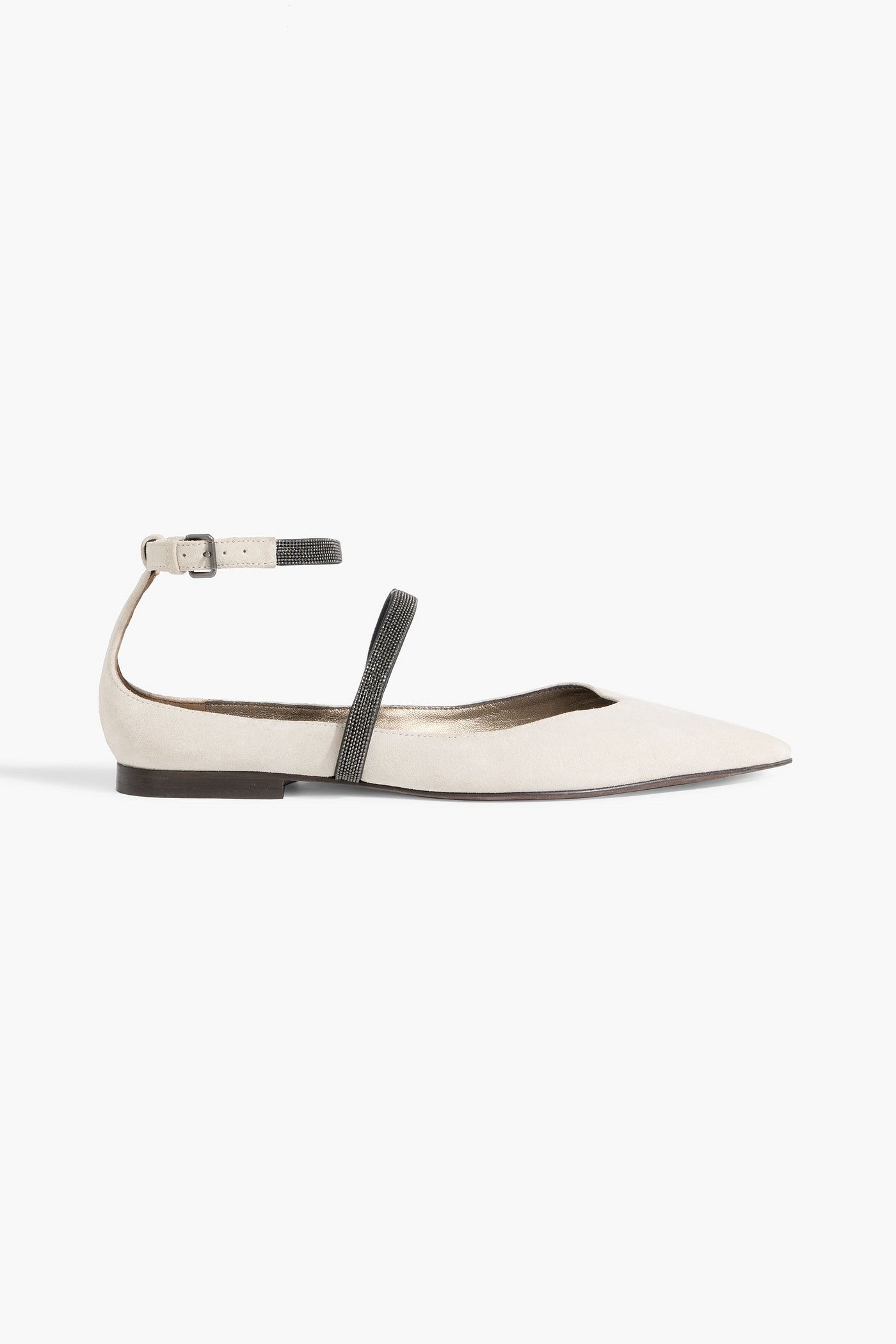 Brunello Cucinelli Bead-Embellished Suede Point-Toe Flats Light Gray Women's