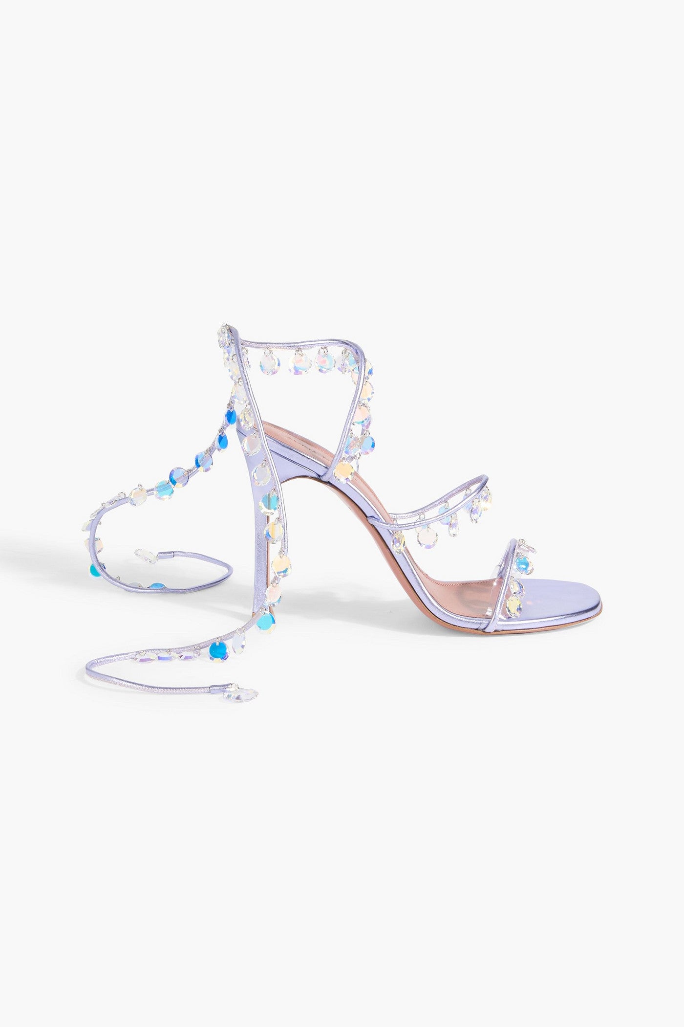 Amina Muaddi Tina 105 Crystal-Embellished Metallic Leather Sandals Lilac Women's