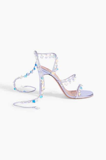 Amina Muaddi Tina 105 Crystal-Embellished Metallic Leather Sandals Lilac Women's