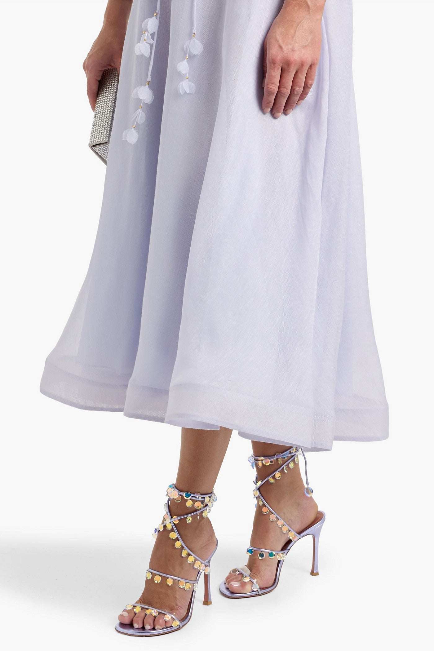Amina Muaddi Tina 105 Crystal-Embellished Metallic Leather Sandals Lilac Women's
