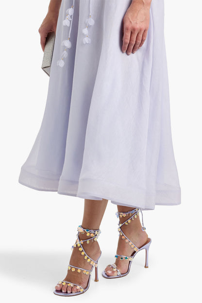 Amina Muaddi Tina 105 Crystal-Embellished Metallic Leather Sandals Lilac Women's