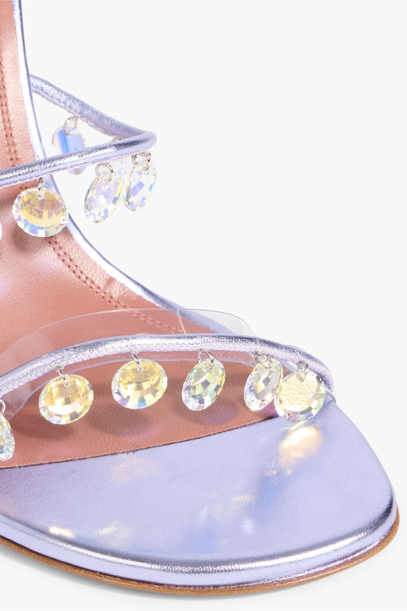 Amina Muaddi Tina 105 Crystal-Embellished Metallic Leather Sandals Lilac Women's
