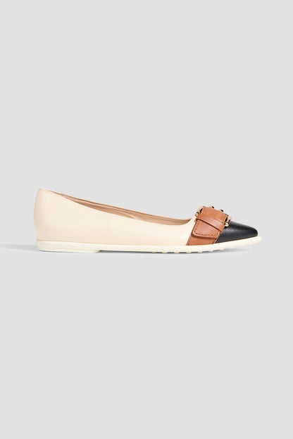 Tod's Color-Block Leather Point-Toe Flats Ecru Women's