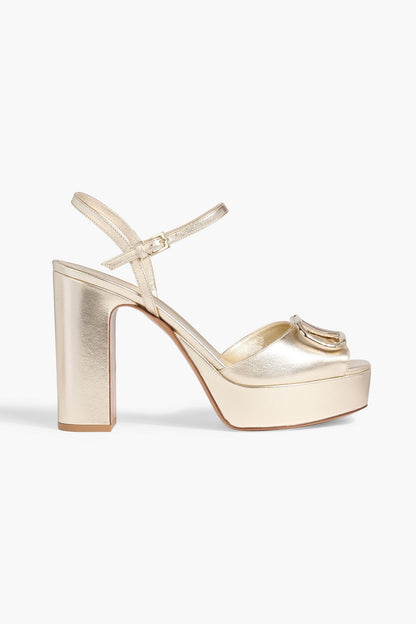 Valentino Garavani Vlogo Metallic Leather Platform Sandals Platinum Women's