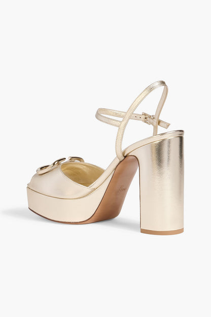 Valentino Garavani Vlogo Metallic Leather Platform Sandals Platinum Women's