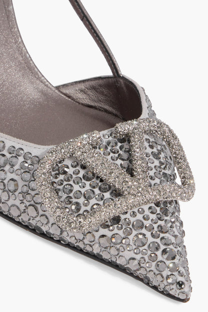 Valentino Garavani Vlogo Signature Crystal-Embellished Suede And Leather Slingback Pumps Gunmetal Women's