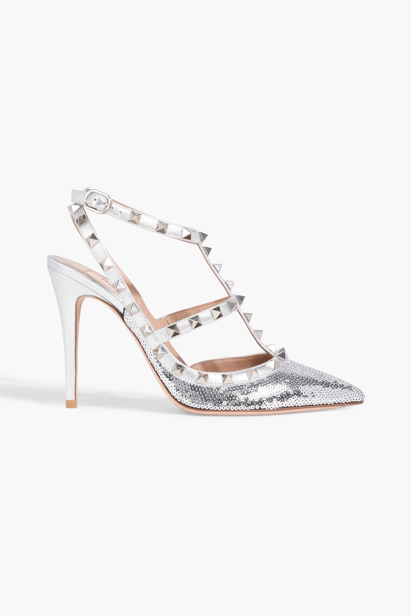Valentino Garavani Rockstud 100 Sequined Metallic Leather Pumps Silver Women's