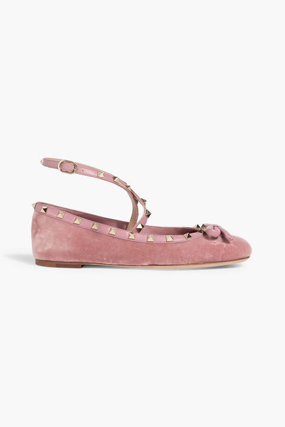 Valentino Garavani Rockstud Leather-Trimmed Velvet Ballet Flats Antique Rose Women's