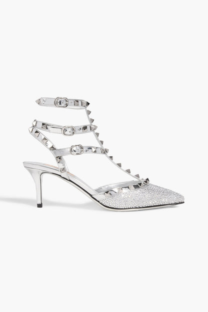 Valentino Garavani Rockstud Crystal-Embellished Mirrored-Leather Pumps Silver Women's